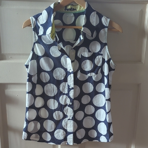 Boden Navy and White Polka Dot Sleeveless Button Front 100% Cotton Blouse Size 8 - Picture 1 of 4